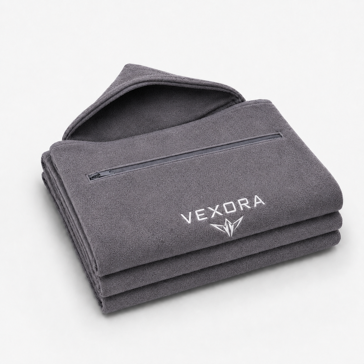 Vexora — Toalla deportiva con capucha, color gris, plegada con bolsillo con cremallera