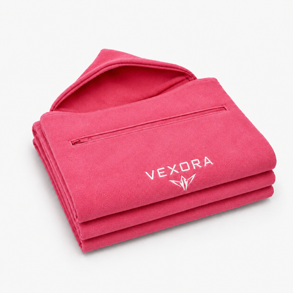 Vexora — Toalla deportiva con capucha, color rosa, plegada con bolsillo con cremallera